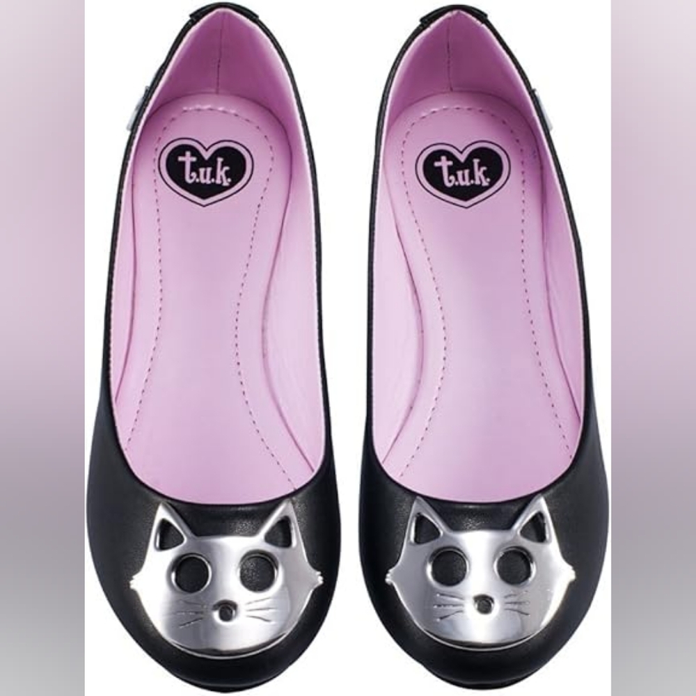 T.U.K. Black and Silver cat ballet flats size 10